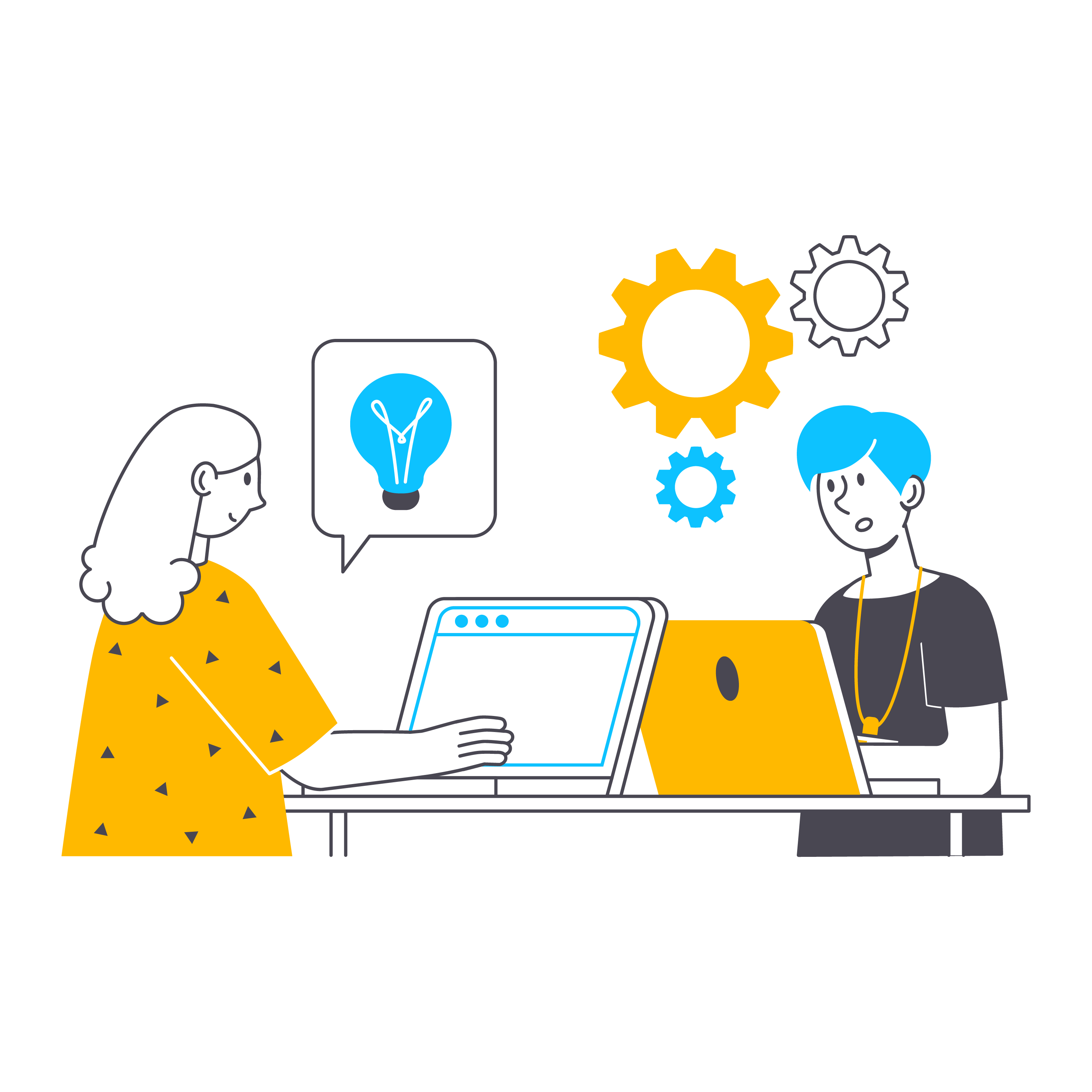 deux collègues travaillant l’un en face de l’autre à un bureau – illustration deux collègues travaillant l'un en face de l'autre à un bureau - illustration